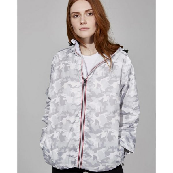 Ladies Full Zip Packable Rain Jacket - White Camo